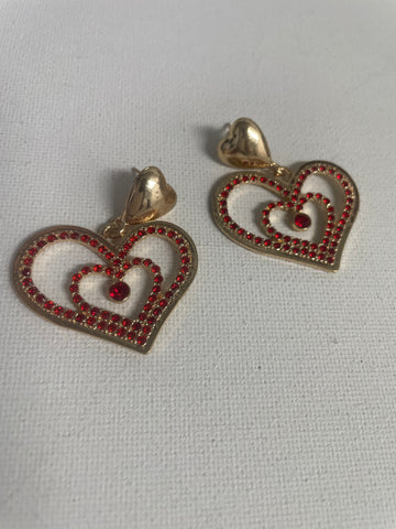 2" Long Double Dangle Heart Studs-Gold/Red Rhinestone