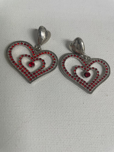 2" Long Double Dangle Heart Studs-Silver/Red Rhinestone