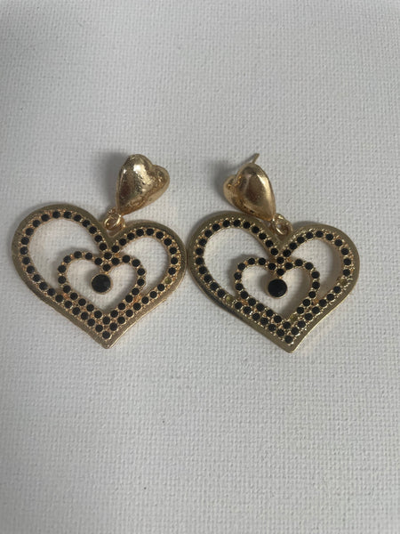 2" Long Double Dangle Heart Studs/Gold/Black Rhinestone 
