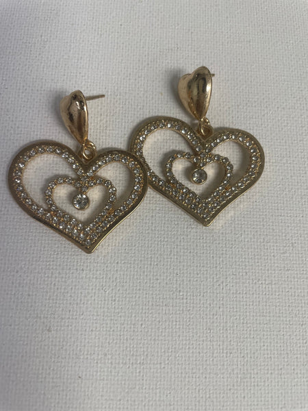 2" Long Double Dangle Heart Studs/Gold/Silver Rhinestone