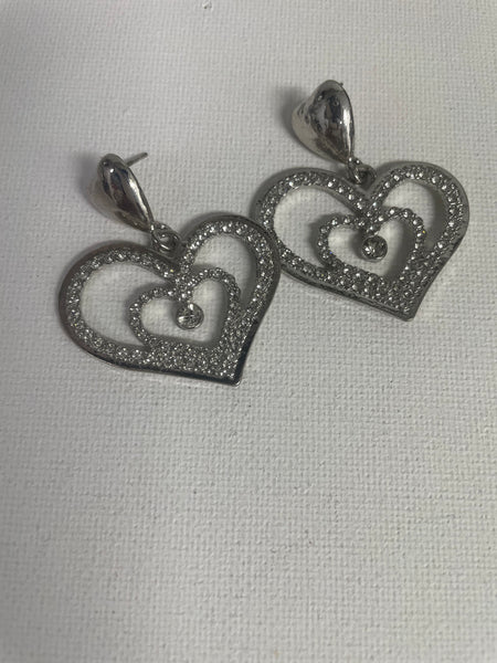 2" Long Double Dangle Heart Studs-Silver/Silver Rhinestone
