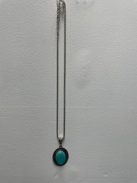 18" w/ 3"extender Silver Aztec Oval Necklace w/cracked Teal Stone