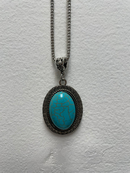 18" w/ 3"extender Silver Aztec Oval Necklace w/cracked Teal Stone