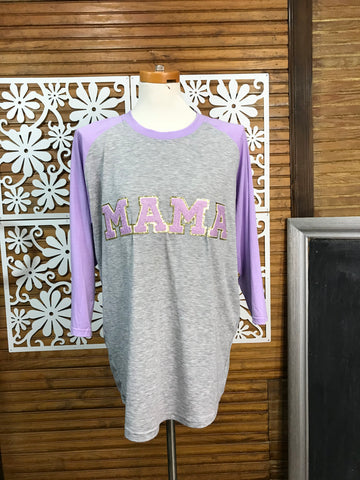 Raised Letter T-Shirts-MAMA-Gray Lavender sleeve-Half sleeve