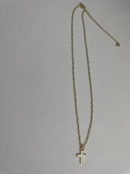 Cross Necklaces-Gold w/3"extension w/White small cross trimmed in gold