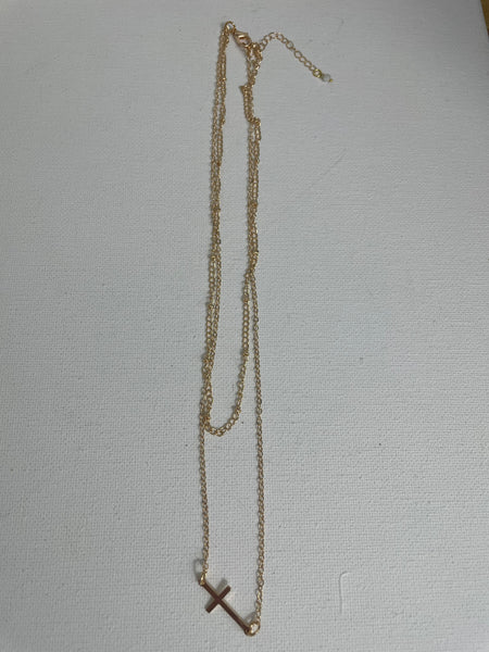 Cross Necklaces-Gold 22" 2 tier w/thin gold cross
