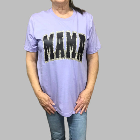 Lavender T-shirt with leopard print "MAMA" on it.