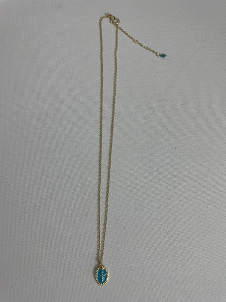Cross Necklaces-16"gold w/blue and gold raised cross and border