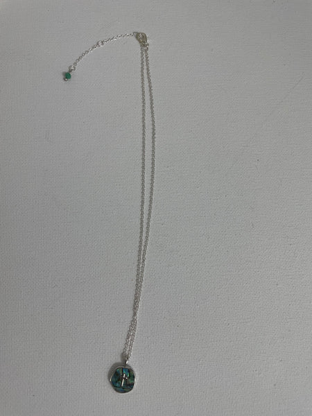 Cross Necklaces-20" Silver w Abalone blue green with silver cross raised 