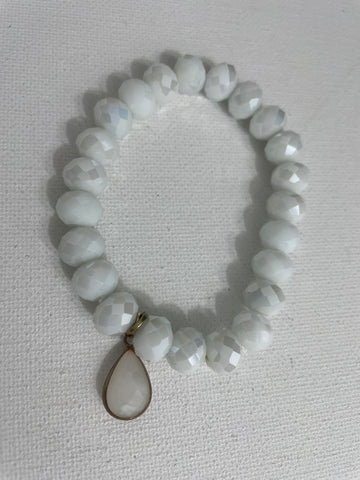 White Beaded Bracelet With Gold Trim w/white stone Pendent