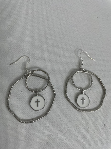 Large Hammered Hoop w/small Hammered Hoop with White Cross Pendent-Silver