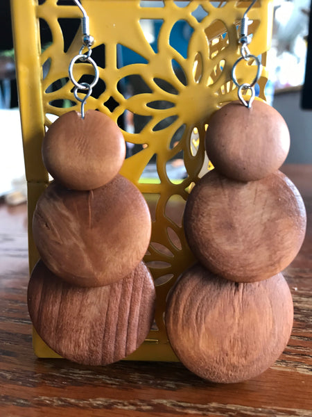 Wood Earrings-3 tier light brown
