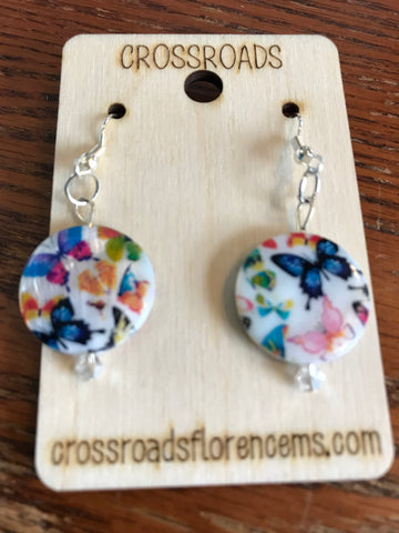 White Circle w/Multicolor Butterfly Earring