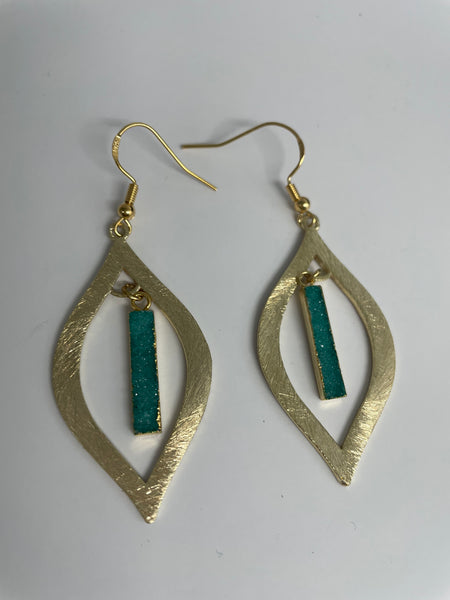 Gold Hoop Earrings-Teardrop w/thin small gate blue bar