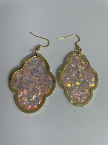 Gold Hoop Earrings-Resin Octagon Sparkle Pink 