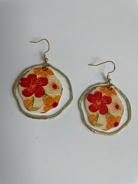 Gold Hoop Earrings-Round hammered with Orange flowers