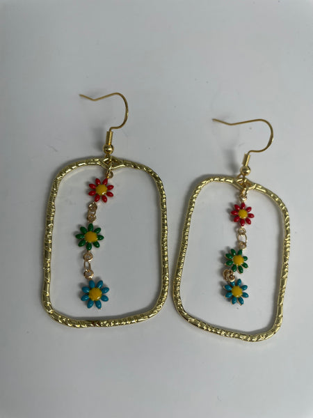 Gold Hoop Earrings-square hammered w/triple dangle colored daisys 
in middle