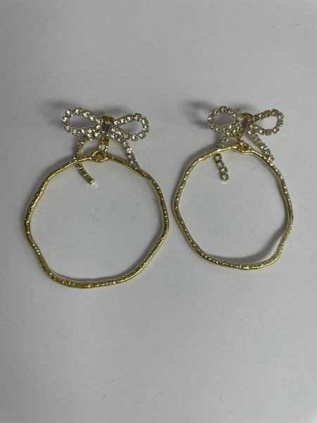 Gold Hoop Earrings-Hammered with Rhinestone Bows