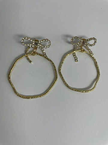 Gold Hoop Earrings-Hammered with Rhinestone Bows
