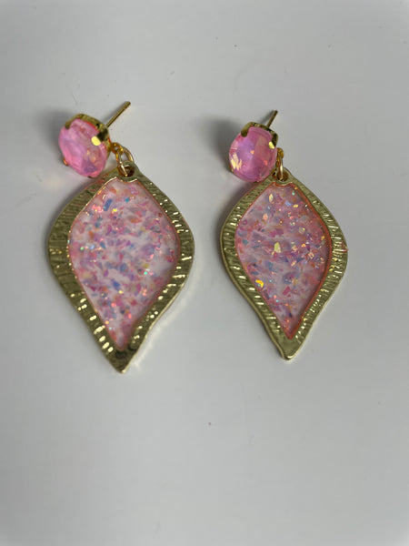 Pink Resin Sparkle Teardrop Earrings-w/Pink Rhinestone