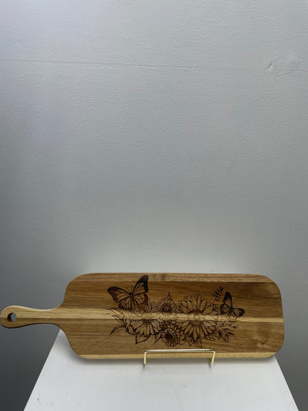 16"x4 1/2" Wood Cutting board w/Butterflys and Flowers w/Handle