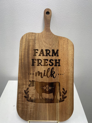 15"x7 1/2" Wood Cutting Board w/Handle-Farm Fresh Milk w/cow