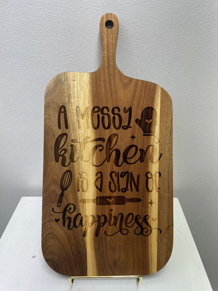 15"x7 1/2" Wood Cutting Board w/Handle-A Messy kitchen is a sign of happiness 
