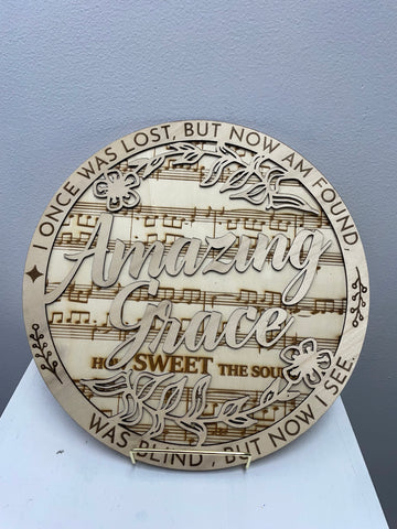 12"x12" Round Wood 3D Amazing Grace Decor "I once was Lost but now am found"