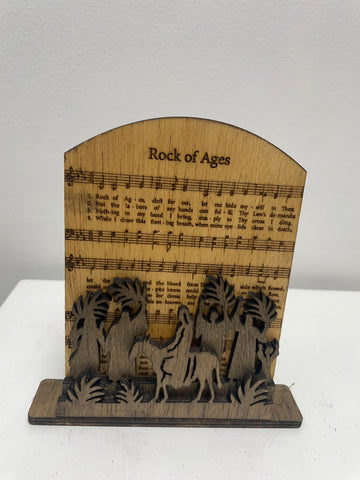 5"x6" Wood Shelf sitter 3D Jesus Scene w/Rock of Ages Music-Dark Wood