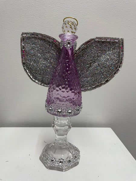 10 1/2" Tall Glass Angel Decor w/Wings-Purple glass/ w Silver glitter wings
