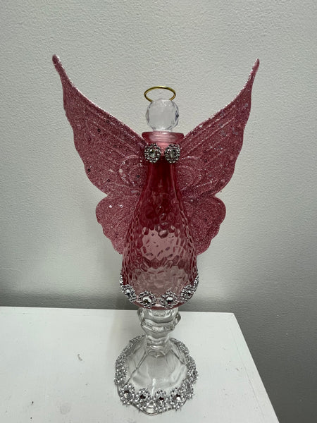 10 1/2" Tall Glass Angel Decor w/Wings-Light Pink Glass w/pink glitter wings