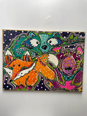 20"x 24" Animals In Forest Acrylic Canvas Painting-multi color