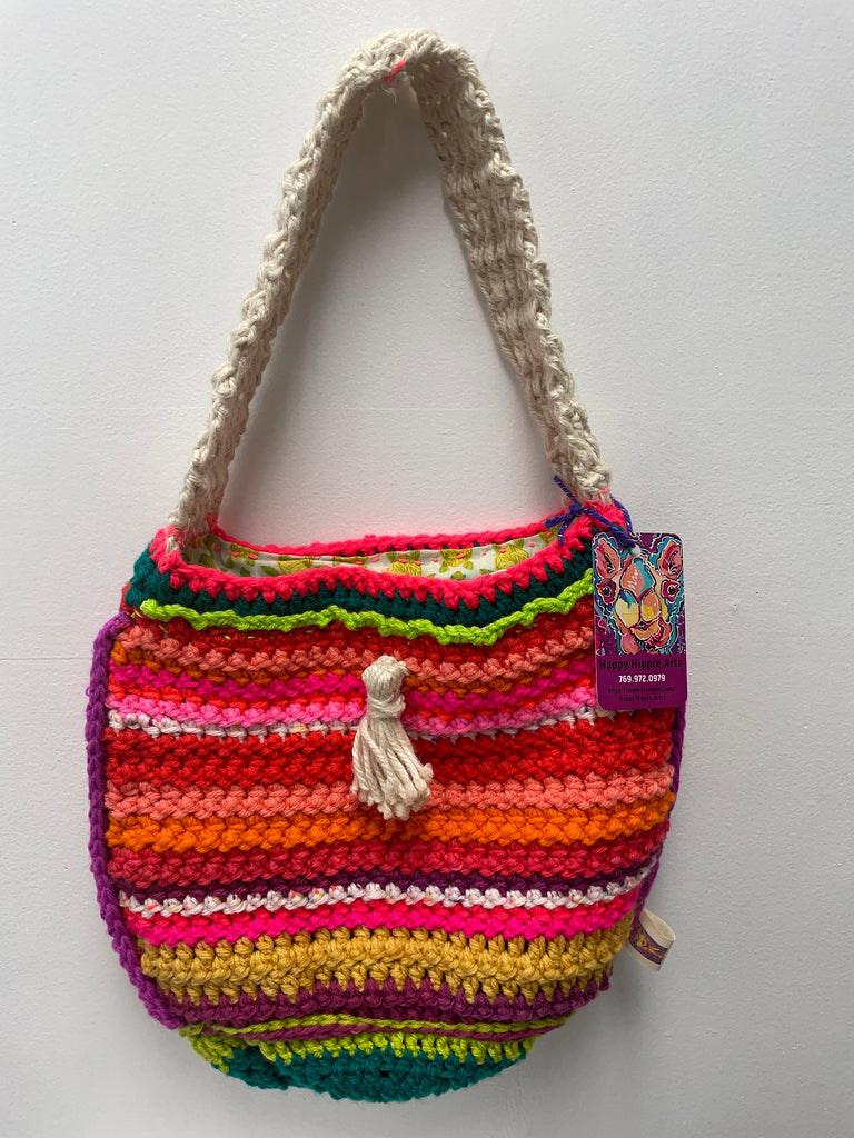 12" Double Pocket Crochet Purse w/turtle print inside-multi color