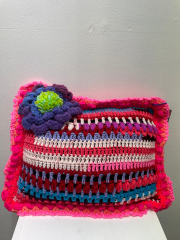 12" x 18" Crochet Pillow w/crochet Flower-Multicolor