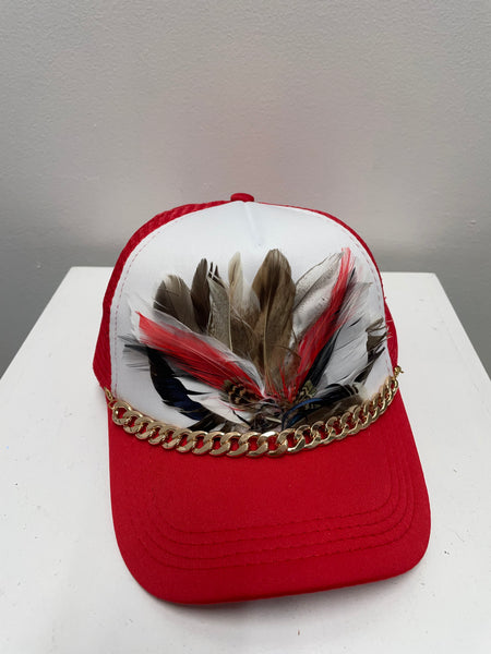Baseball Hats-Red/White w/feathers gold chain