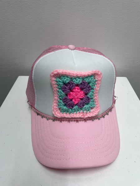 Baseball Hats-Pink /white w/silver heart & Crochet Patch