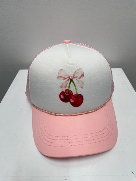 Baseball Hats-Pink/white w cherries & bow