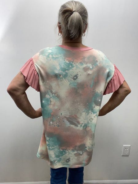Oddy Pastel Splattered Ruffle Sleeve Top