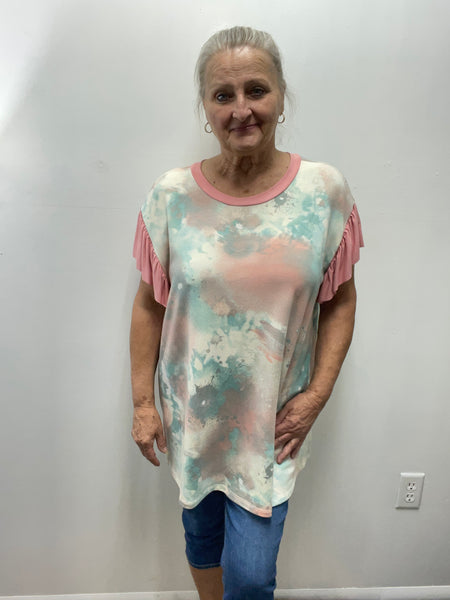 Oddy Pastel Splattered Ruffle Sleeve Top