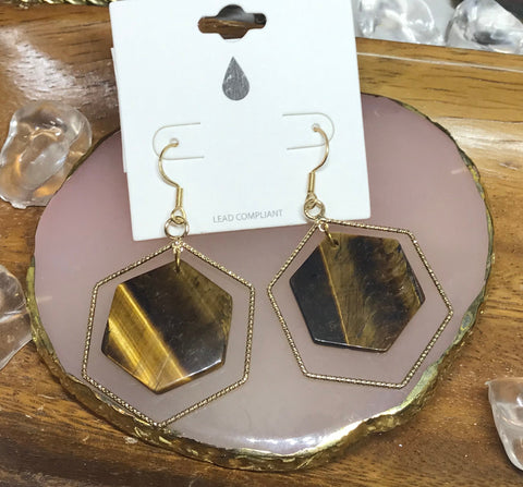 gold hexagon ring around natural brown stone earrings