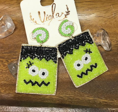 green monster beaded earrings