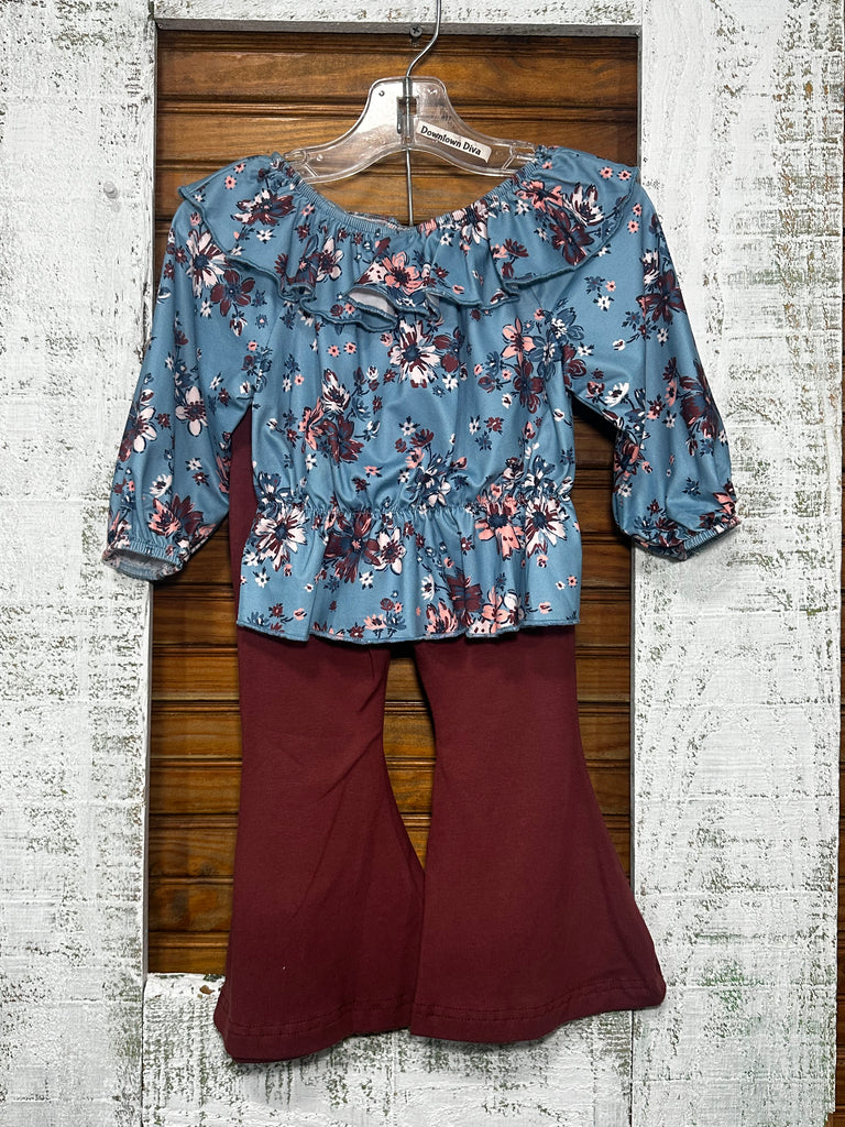 Blue Floral Top w/Maroon Flares