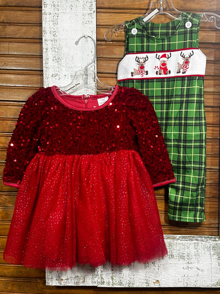 Red Velvet and Sparkle Dress paired w/reindeer jumper