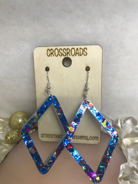 Diamond Open Acrylic Earrings-Blue Confetti