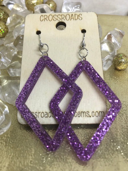Diamond Open Acrylic Earrings-Purple Glitter