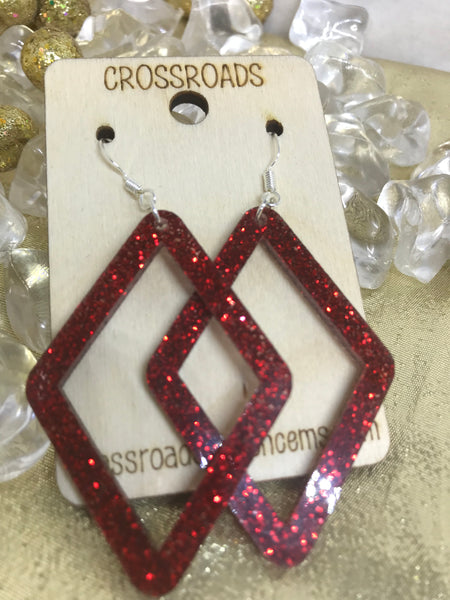 Diamond Open Acrylic Earrings-Red Glitter