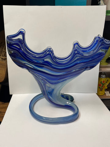 Large Vintage Blue Hand Blown Glass Vase