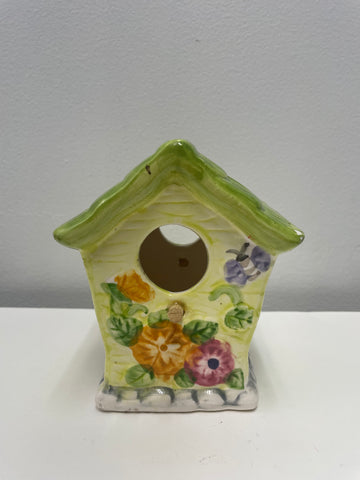 Small Green/Yellow Ceramic Birdhouse w/Flowers & Perch