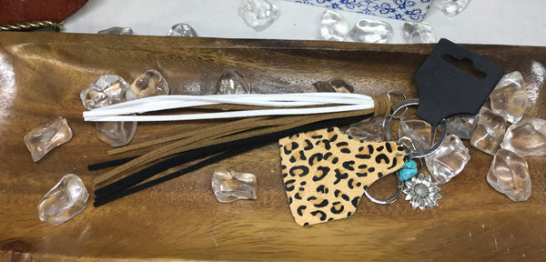 leopard print cowtag w/fringe keychain