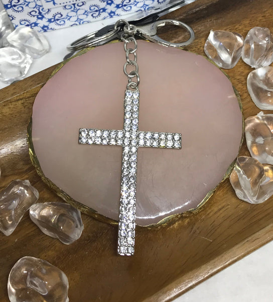 sliver diamond studded cross keychain
